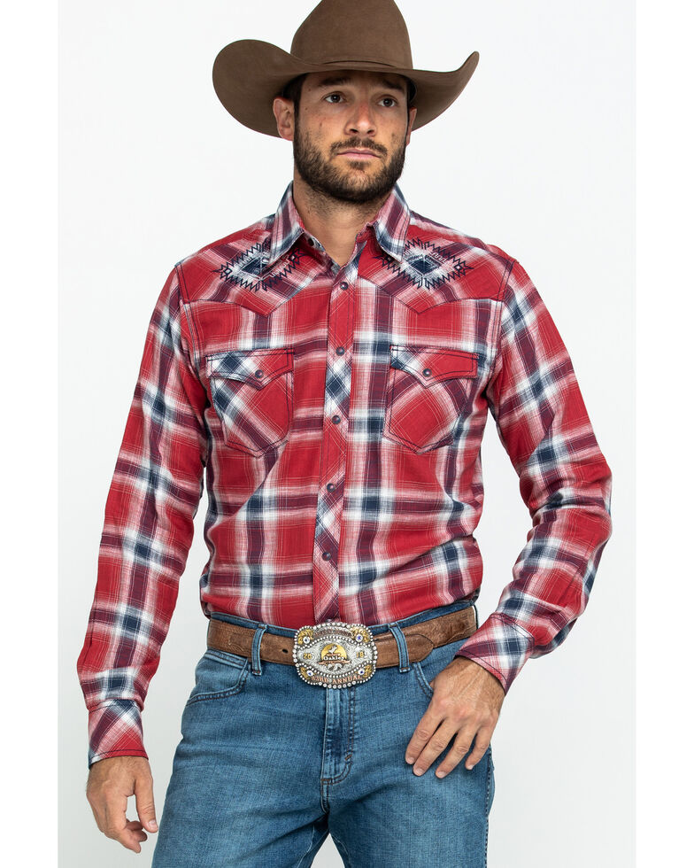 Rock 47 By Wrangler Large Red Plaid Embroidered Long Sleeve Western Shirt , Red, hi-res