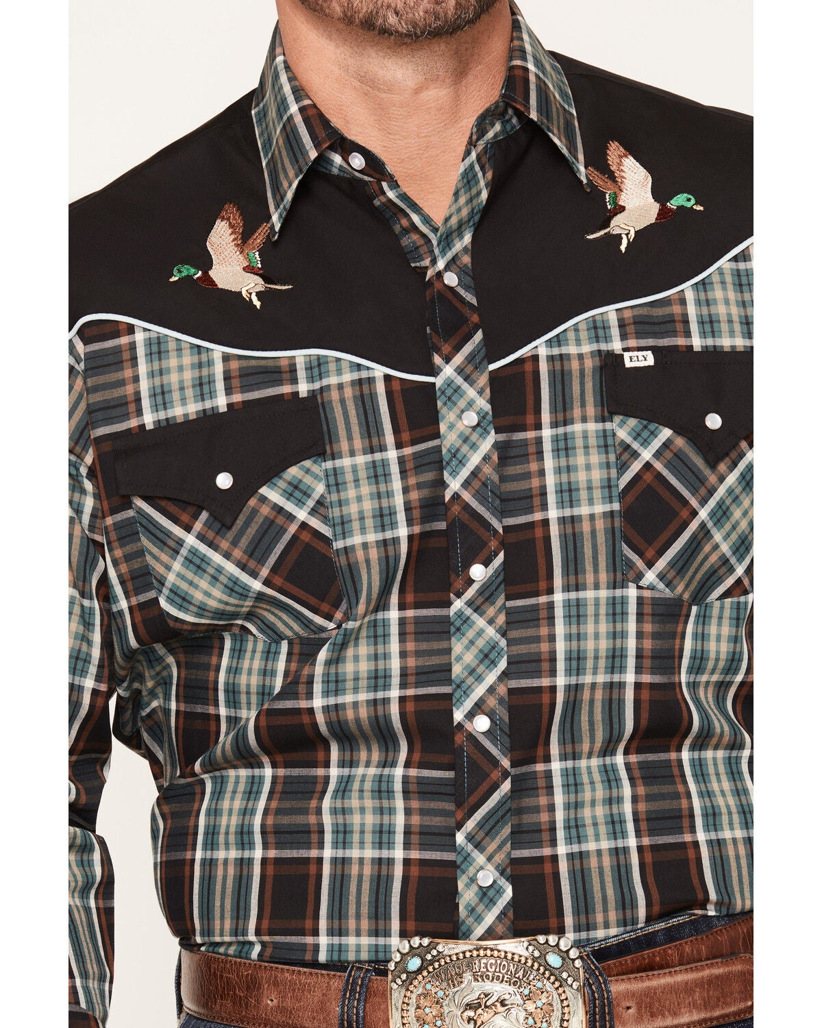 Image #3 - Ely Walker Men's Duck Embroidered Plaid Print Long Sleeve Pearl Snap Western Shirt, Black, hi-res