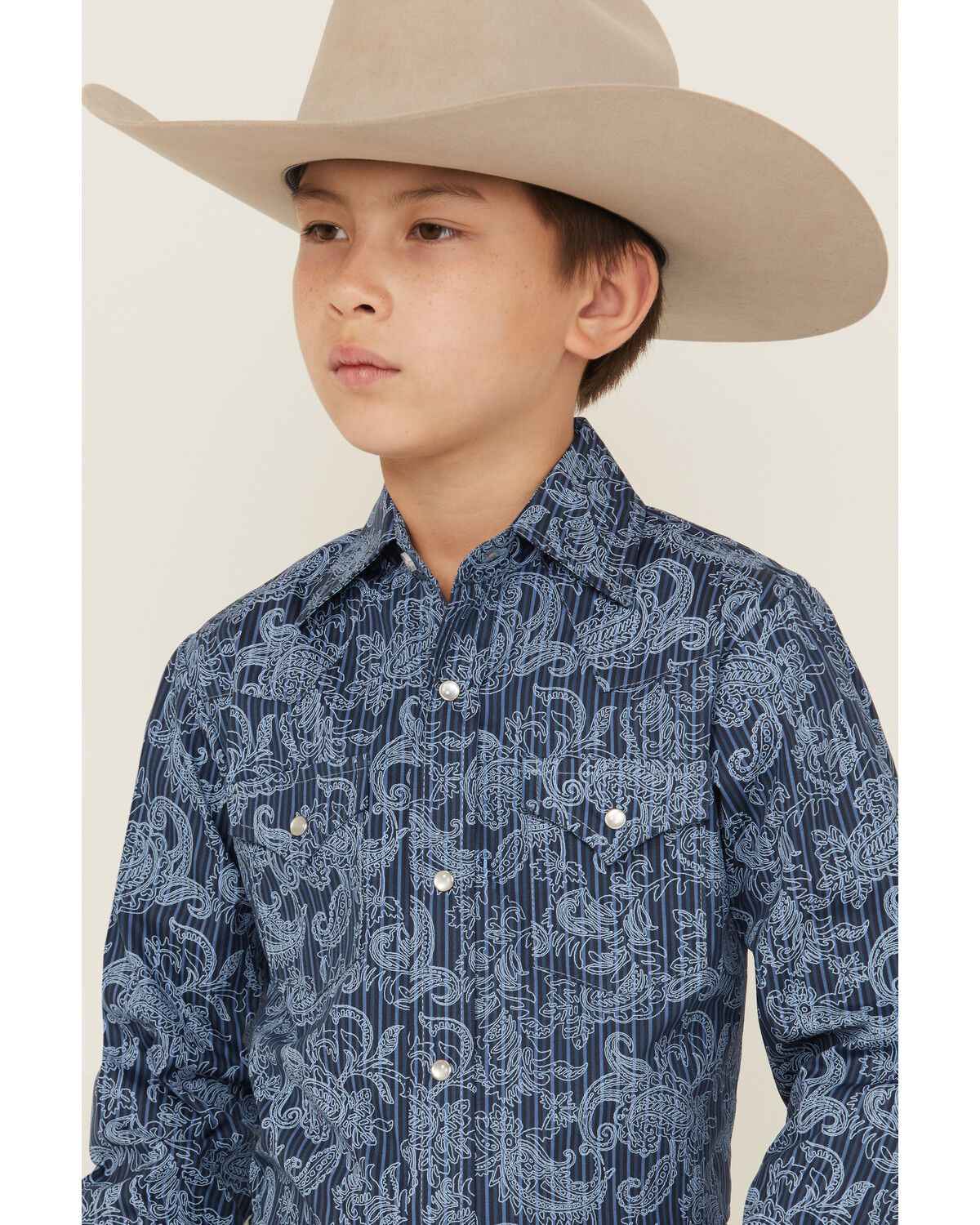 Image #2 - Ely Walker Boys' Paisley Print Long Sleeve Pearl Snap Western Shirt, Blue, hi-res