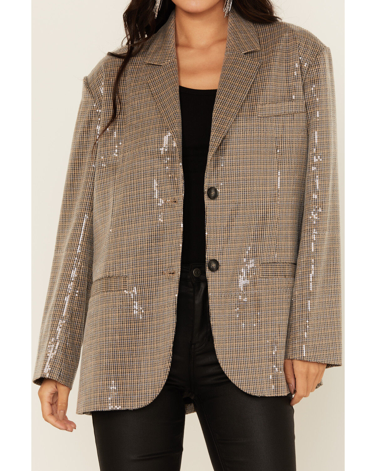 Image #3 - Mystree Women's Plaid Print Sequin Blazer, Grey, hi-res