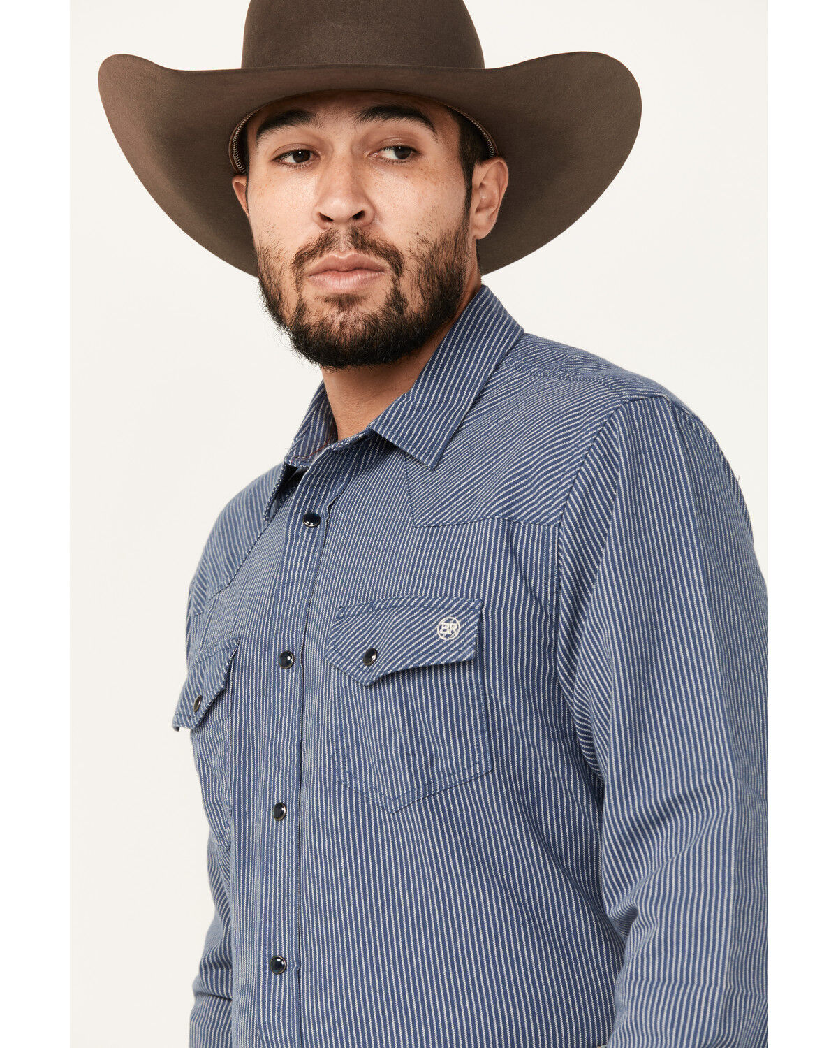 Image #2 - Blue Ranchwear Men's Somerville Herringbone Striped Print Long Sleeve Snap Work Shirt, Navy, hi-res