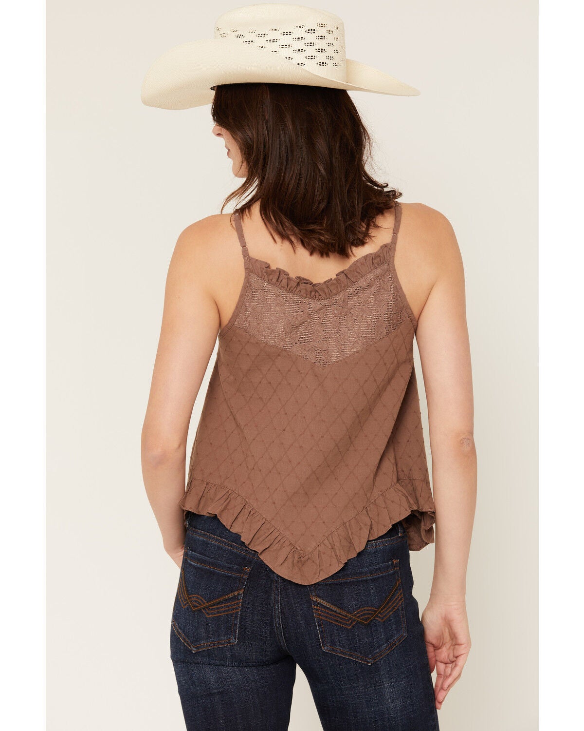 Image #4 - Miss Me Women's Pleated Lace Trim Hanky Hem Top, Brown, hi-res