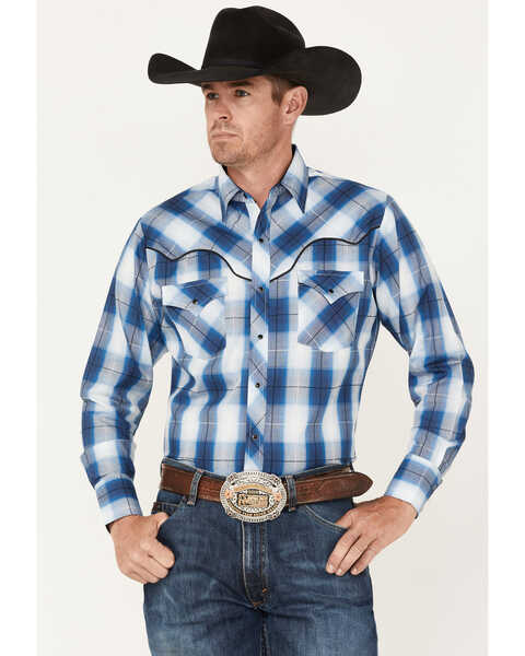 Image #1 - Ely Walker Men's Retro Plaid Print Long Sleeve Snap Western Shirt, Blue, hi-res