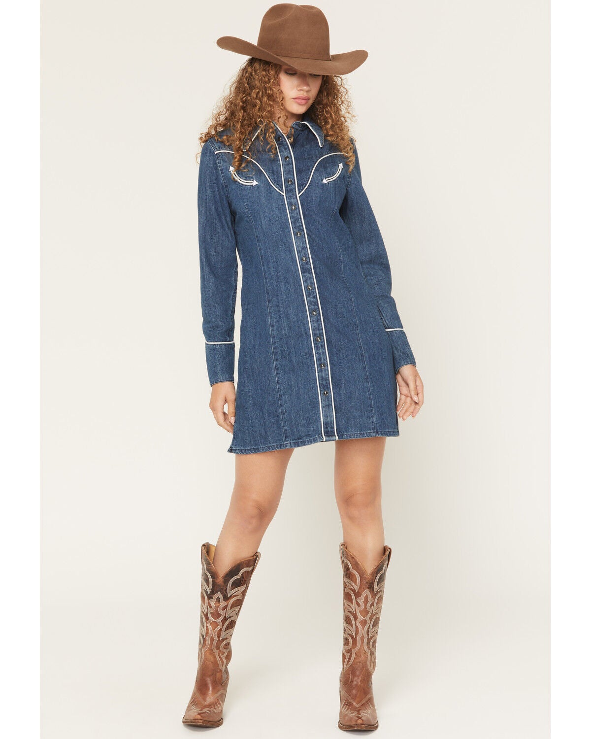 Image #1 - Wrangler Women's Western Long Sleeve Snap Mini Denim Dress, Dark Wash, hi-res