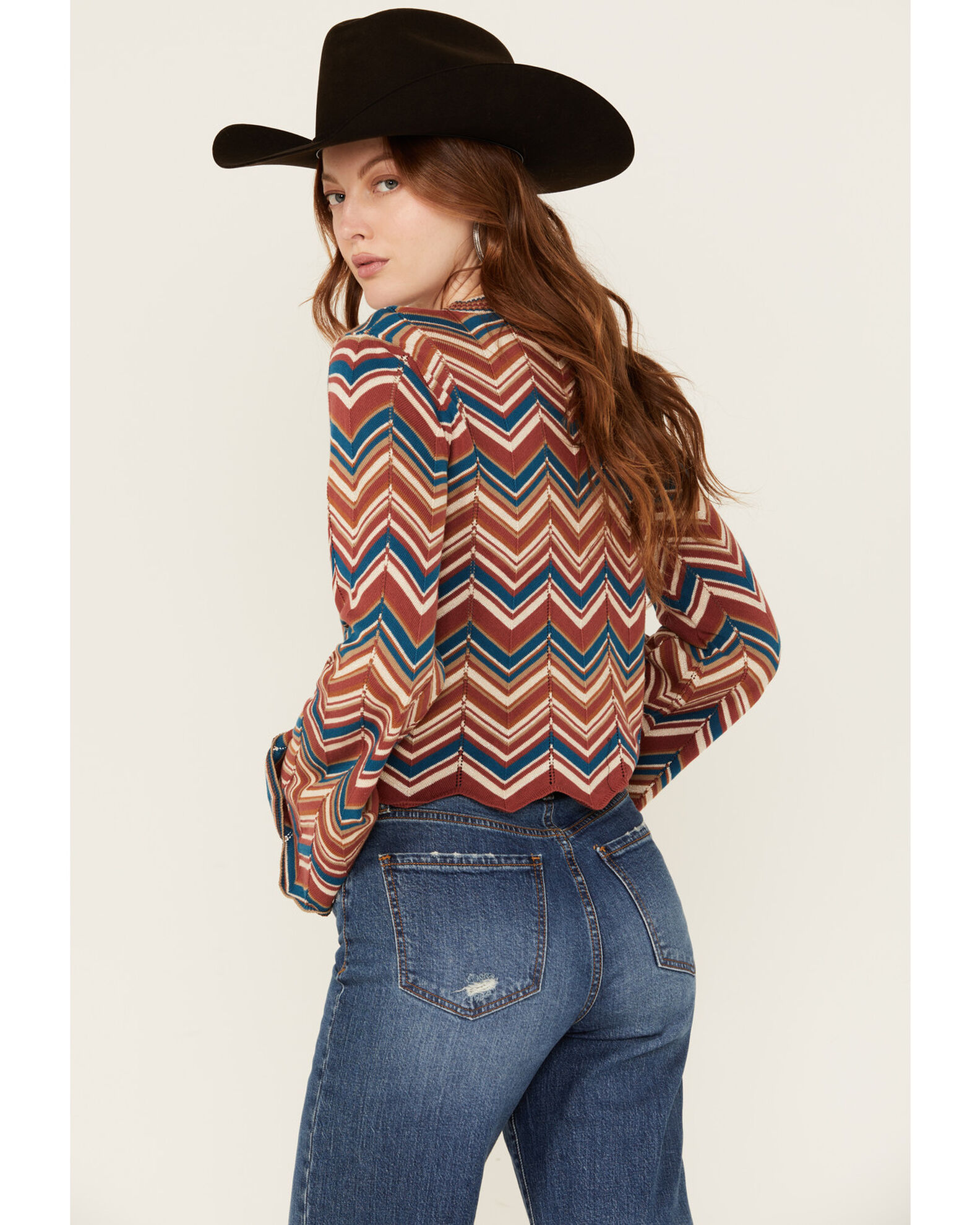 Rock Roll Denim Women s Zig Zag Print Long Sleeve Bell Sweater Country Outfitter