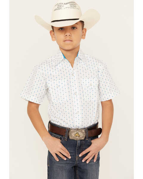 Ely Walker Boys' Southwestern Geo Print Short Sleeve Pearl Snap Western Shirt, White, hi-res