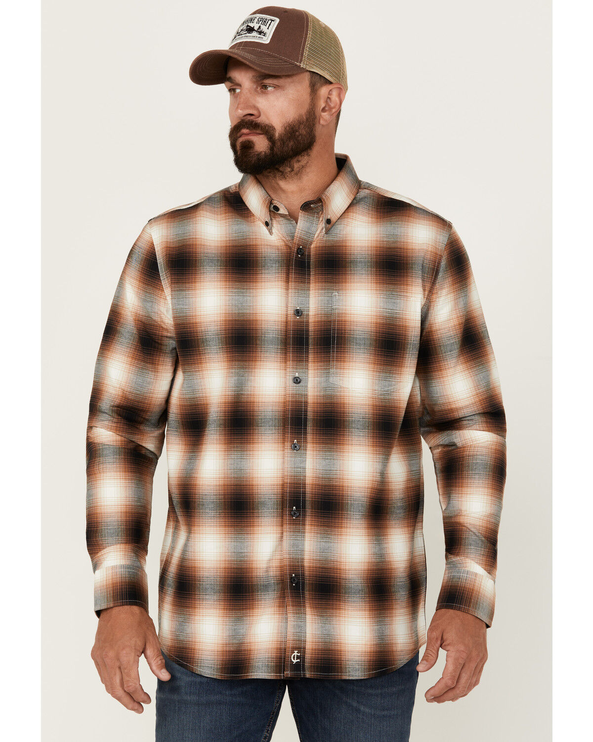 Image #1 - Cody James Men's Hombre Plaid Print Long Sleeve Button-Down Stretch Western Shirt, Tan, hi-res