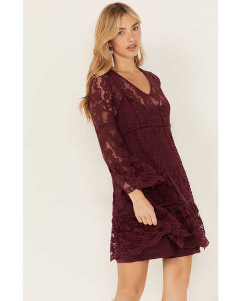 Scully Women's Lace Crochet Bell Sleeve Dress, Wine, hi-res