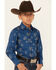 Image #2 - Ely Walker Boys' Southwestern Print Long Sleeve Pearl Snap Western Shirt , Navy, hi-res