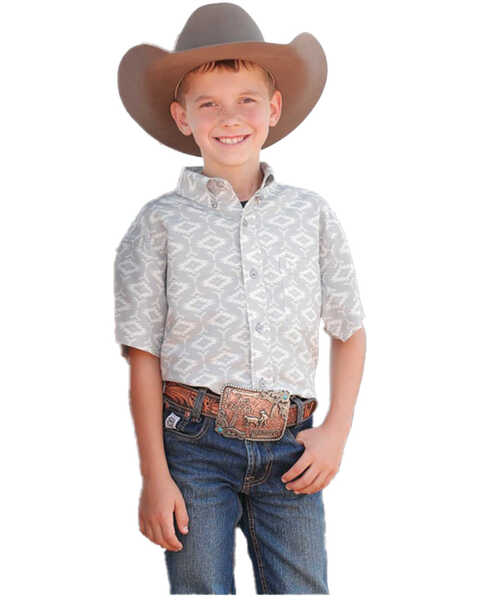 Cinch Boys' ARENAFLEX® Southwestern Print Long Sleeve Button-Down Performance Western Shirt, Grey, hi-res