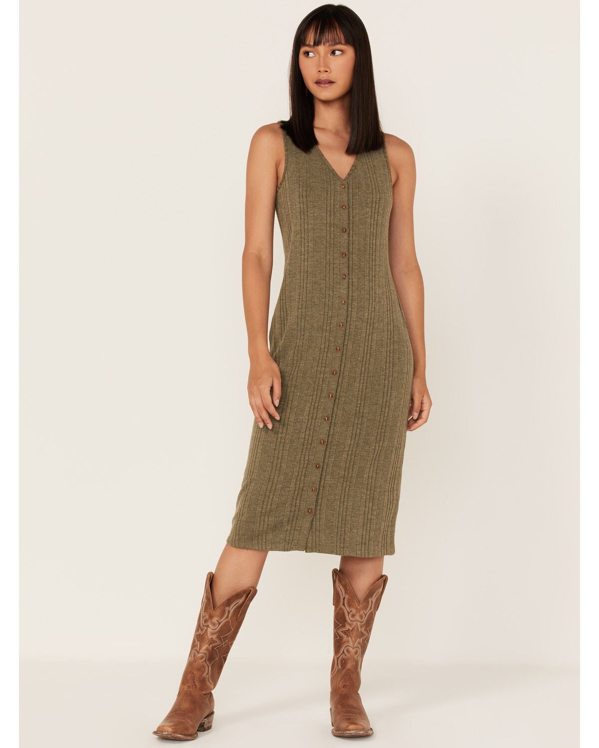 Image #1 - Cleo + Wolf Women's Ribbed Tank Midi Dress, Moss Green, hi-res