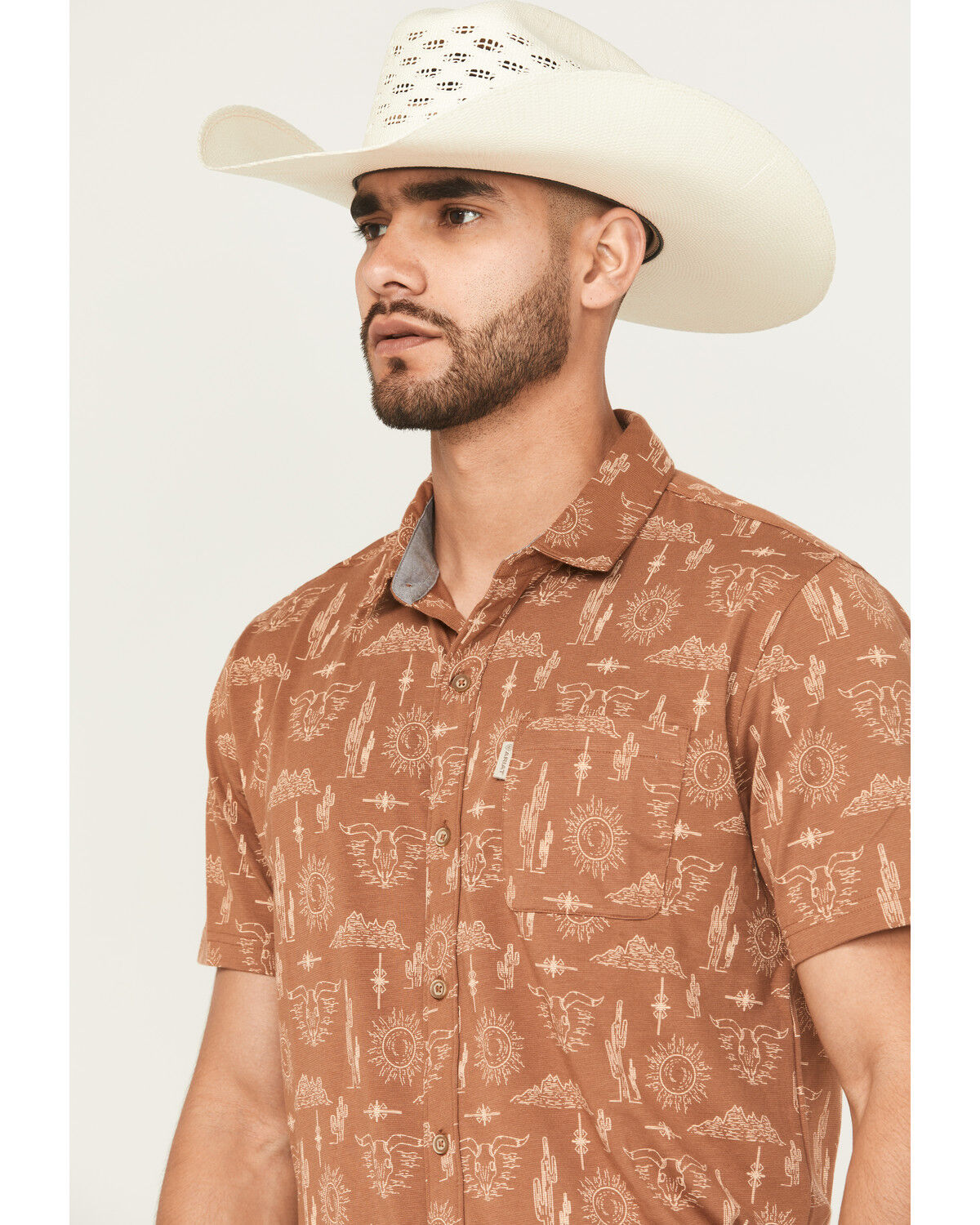 Image #2 - Ariat Men's Retro Desert Print Short Sleeve Button-Down Stretch Western Shirt, Coffee, hi-res