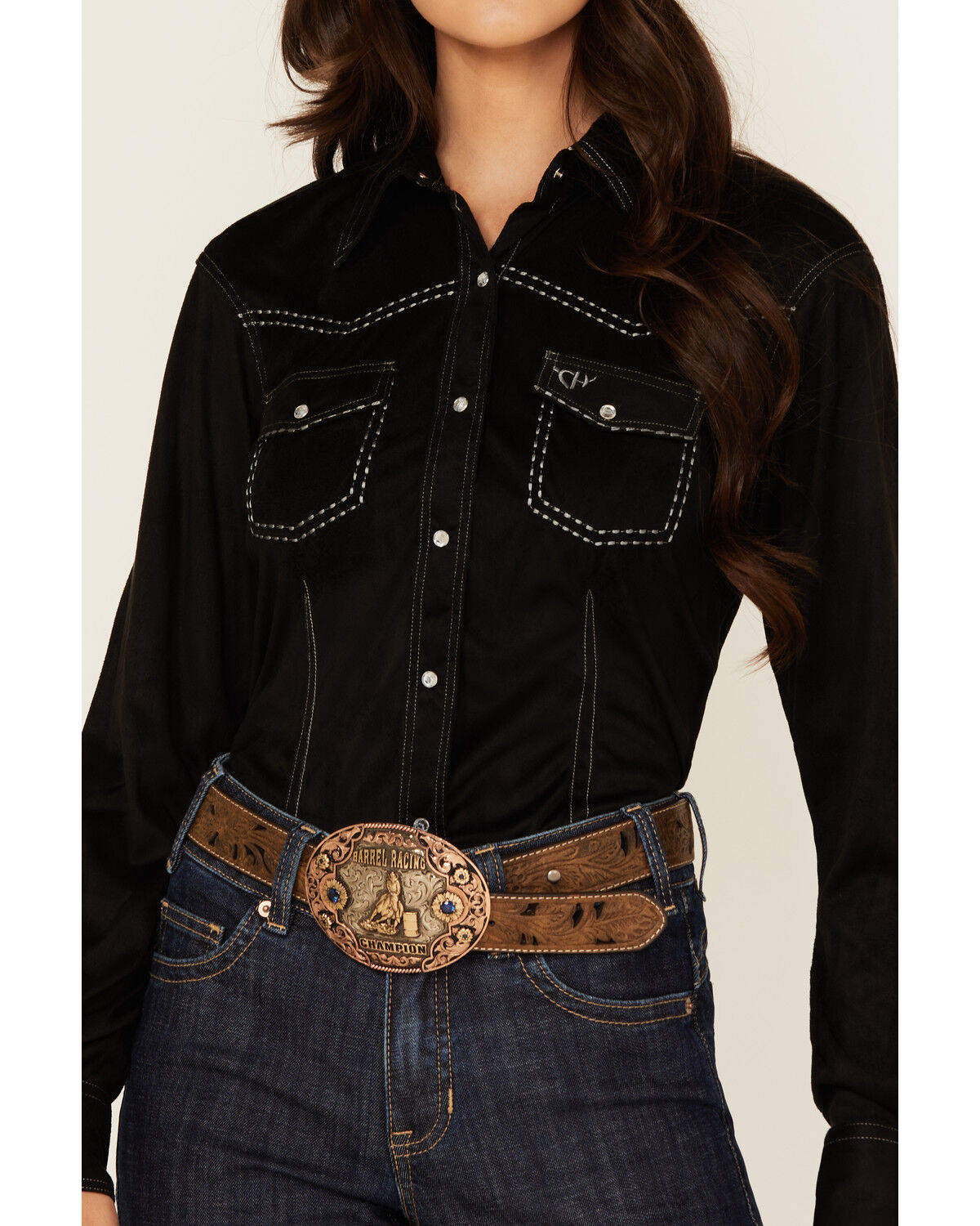 Image #3 - Cowgirl Hardware Women's Faux Suede Long Sleeve Snap Western Shirt, Black, hi-res