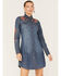 Image #1 - Stetson Women's Floral Embroidered Medium Wash Denim Long Sleeve Dress, Blue, hi-res