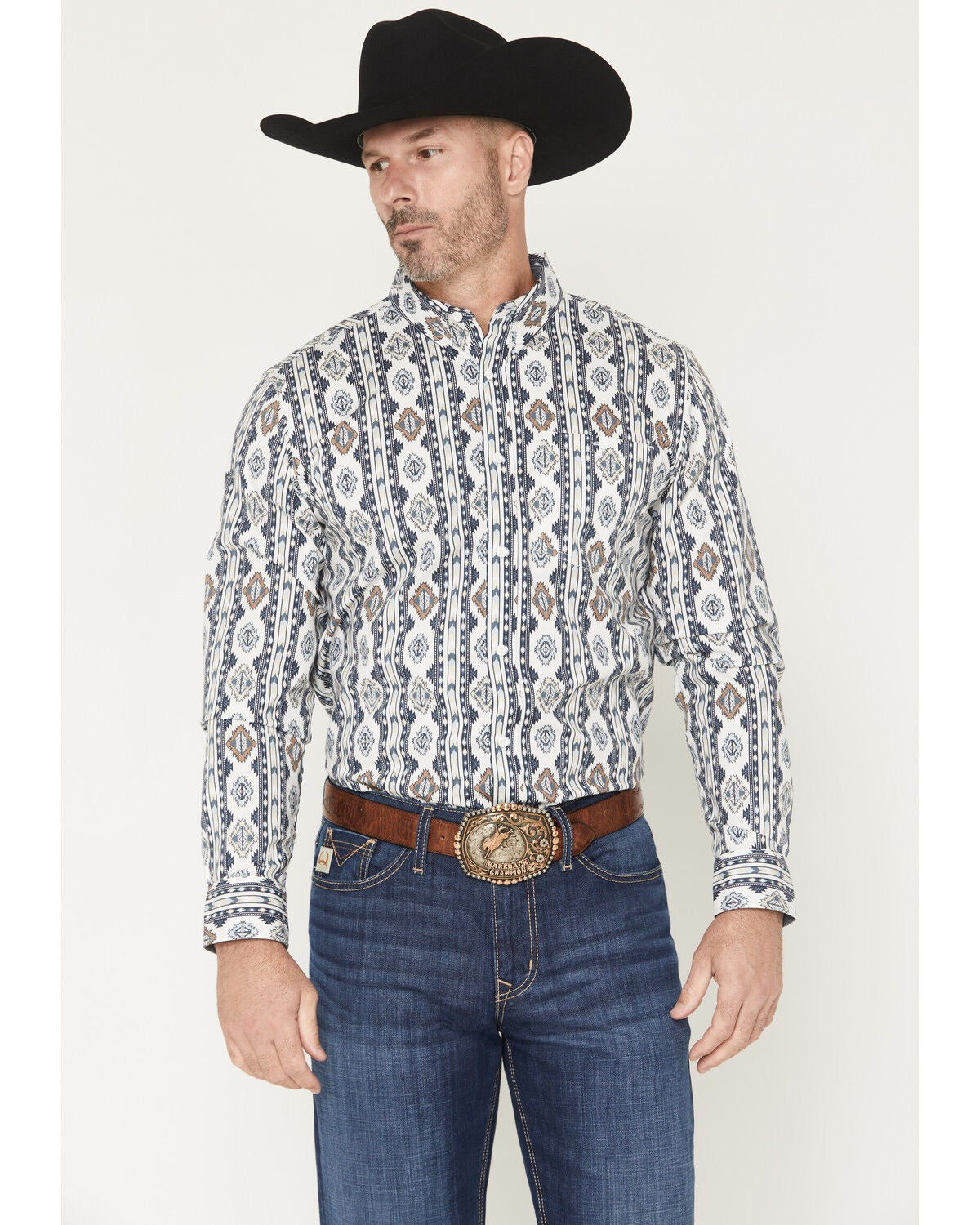 Image #1 - RANK 45&reg; Men's Runnin Outta Moonlight Southwestern Striped Long Sleeve Button-Down Stretch Western Shirt, Cream, hi-res