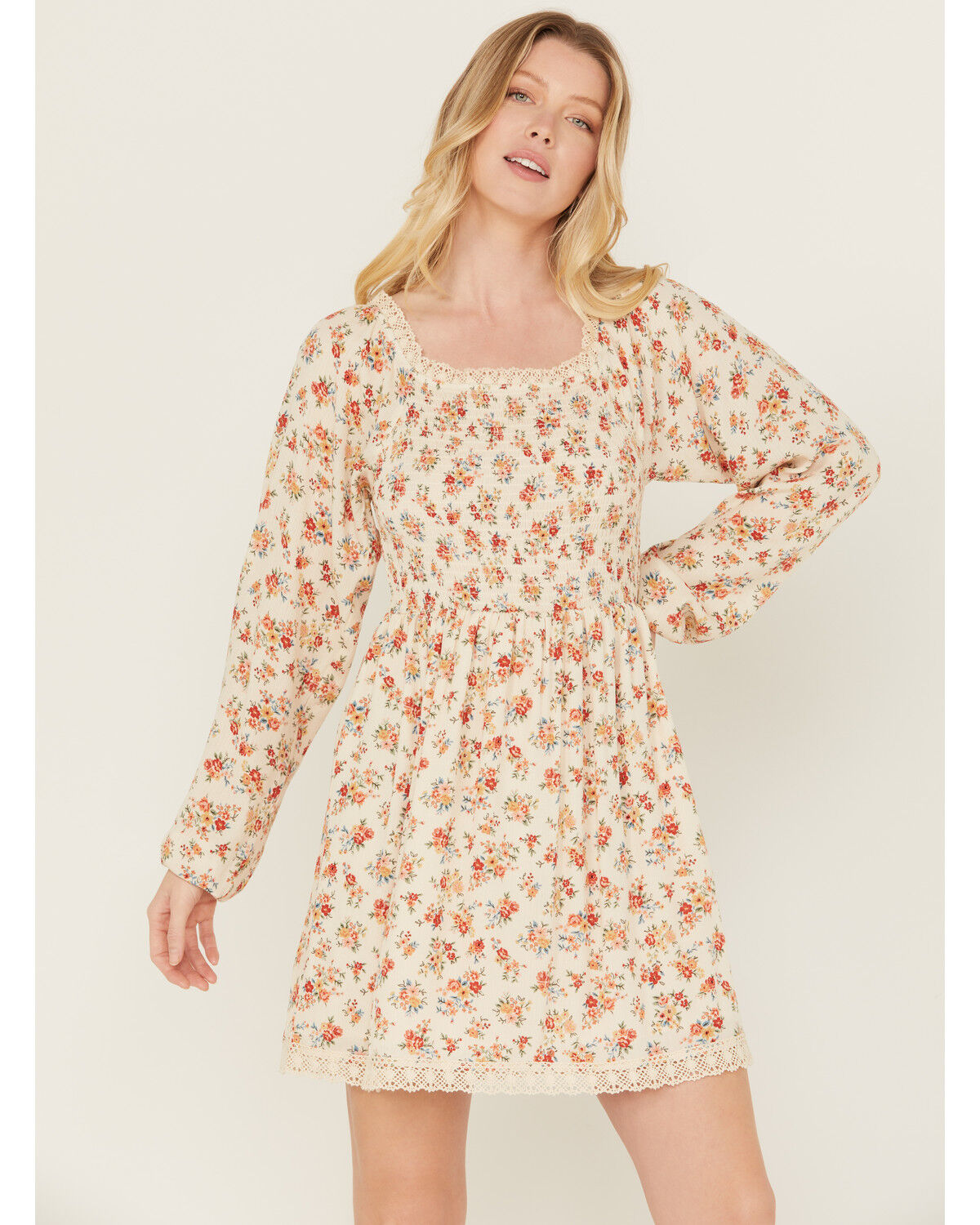 Image #1 - Wild Moss Women's Floral Print Smocked Long Sleeve Mini Dress, Ivory, hi-res