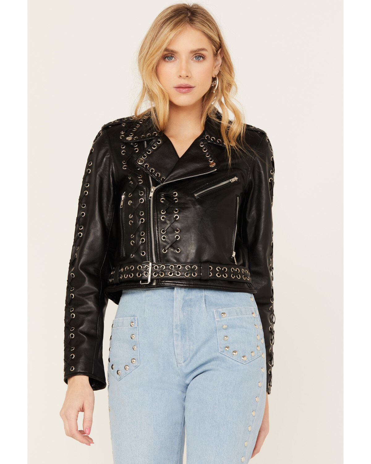 Image #2 - Understated Leather Women's Destiny Eyelet Moto Jacket, Black, hi-res