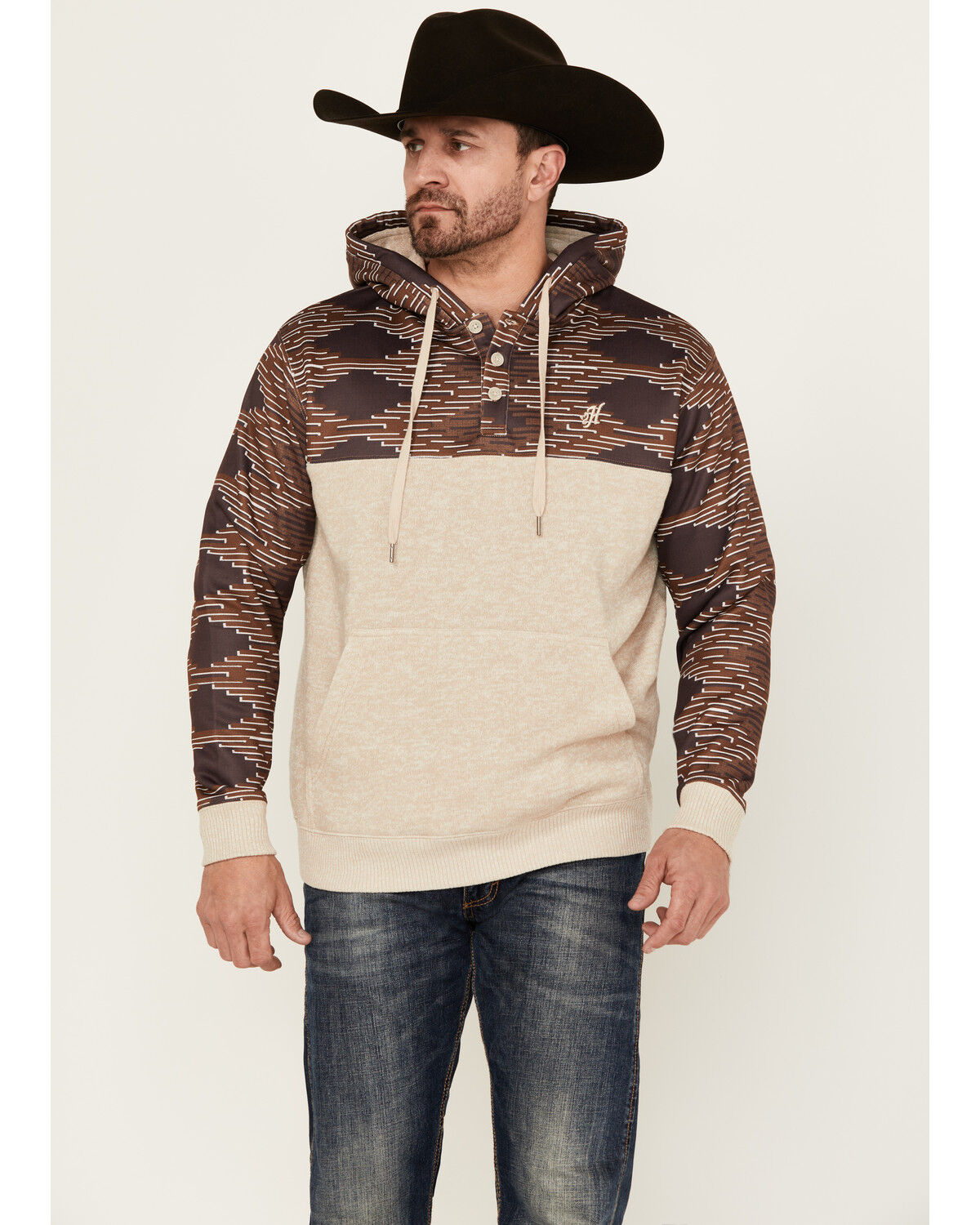 Image #1 - Hooey Men's Jimmy Southwestern Block Hooded Pullover, Cream, hi-res