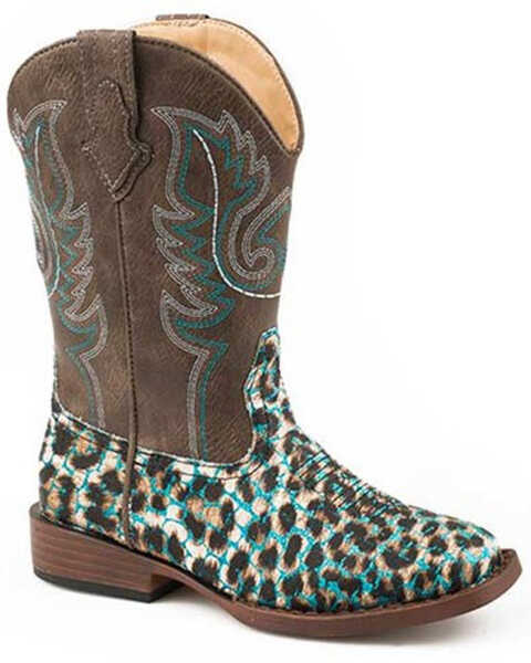 Roper Girls' Glitter Leopard Western Boots - Square Toe, Brown, hi-res