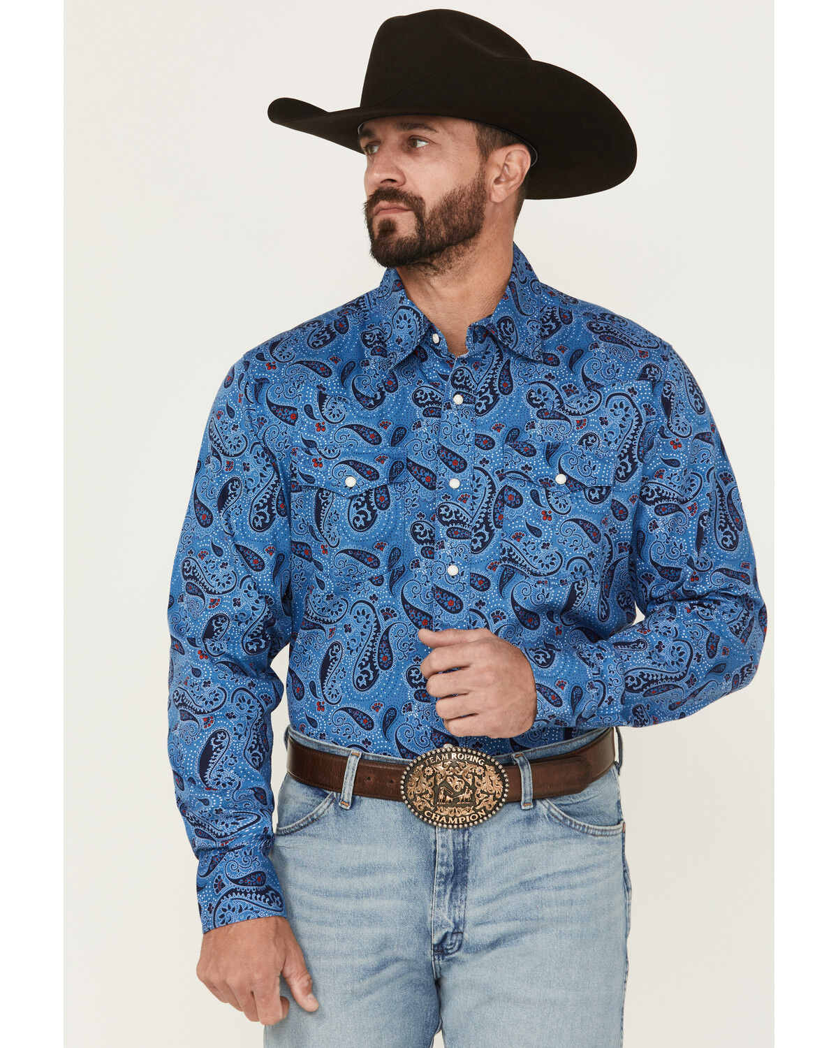 Image #1 - Wrangler Retro Men's Paisley Print Long Sleeve Snap Western Shirt - Tall, Navy, hi-res