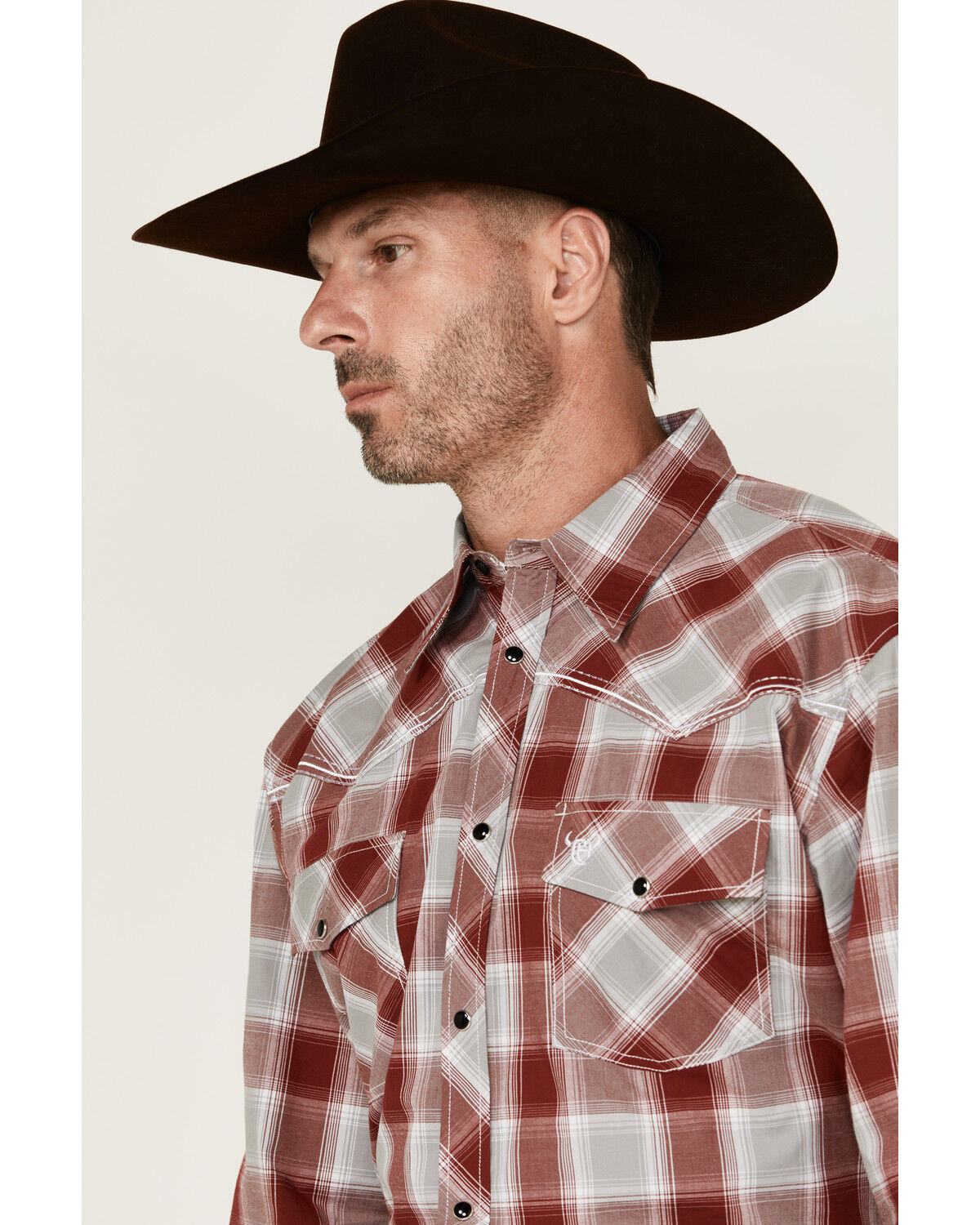 Image #2 - Cowboy Hardware Men's Plaid Print Long Sleeve Snap Western Shirt, Red, hi-res