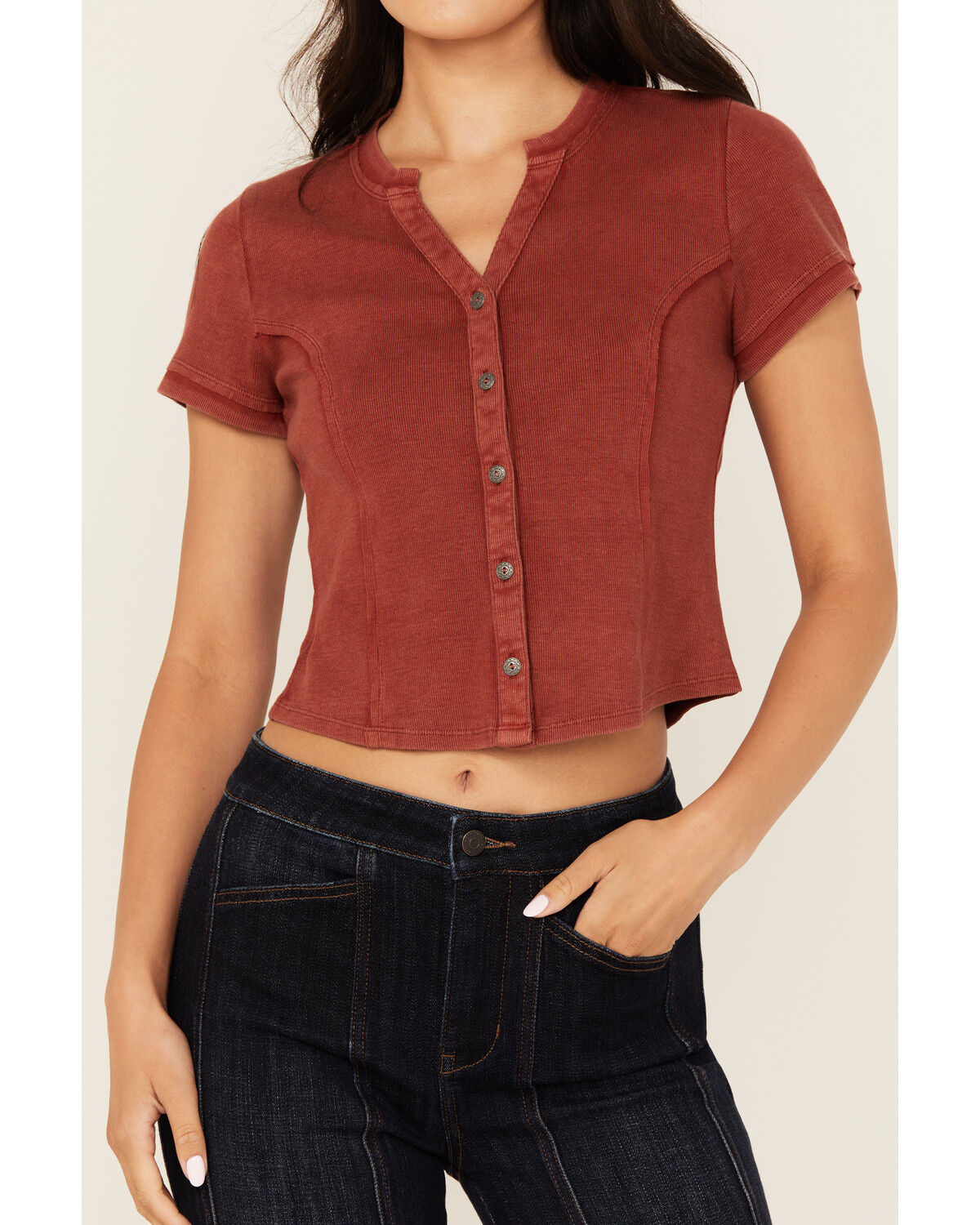 Image #3 - Idyllwind Women's Solid Short Sleeve Button-Down Cropped Tee, Red, hi-res