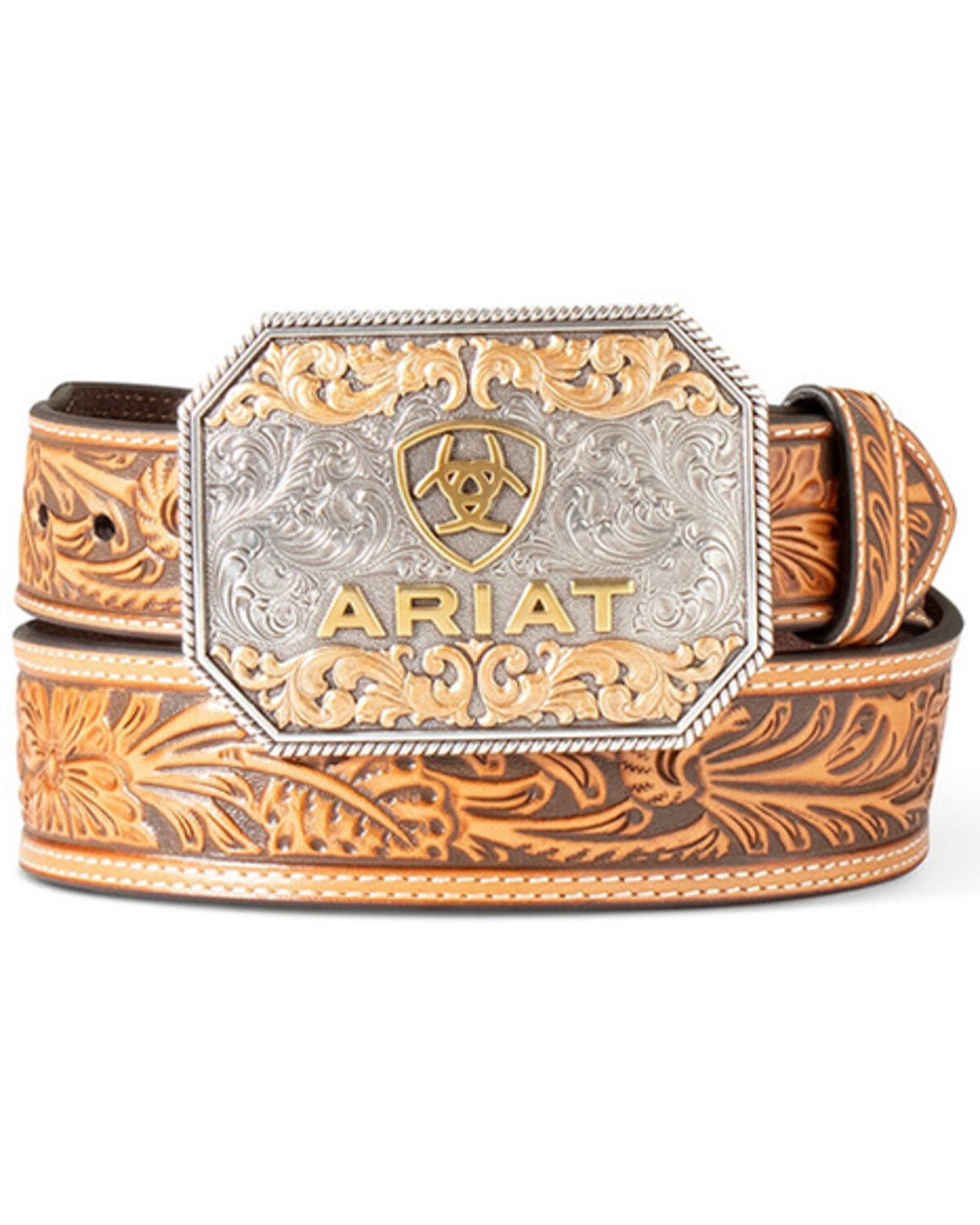 Image #1 - Ariat Men's Floral Embossed Leather Buckle Belt, Tan, hi-res