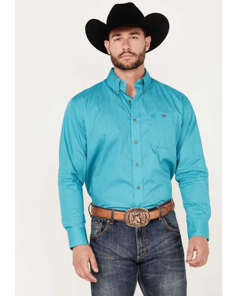 George Strait by Wrangler Men's Geo Print Long Sleeve Button-Down Western Shirt, Turquoise, hi-res