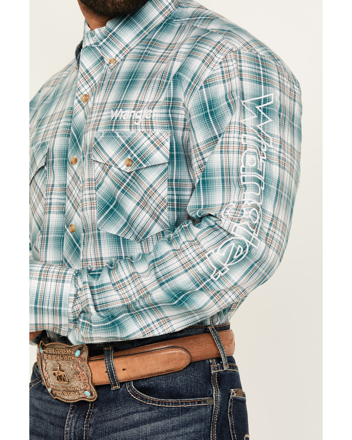 Image #3 - Wrangler Men's Plaid Print Logo Long Sleeve Button-Down Western Shirt, Green, hi-res