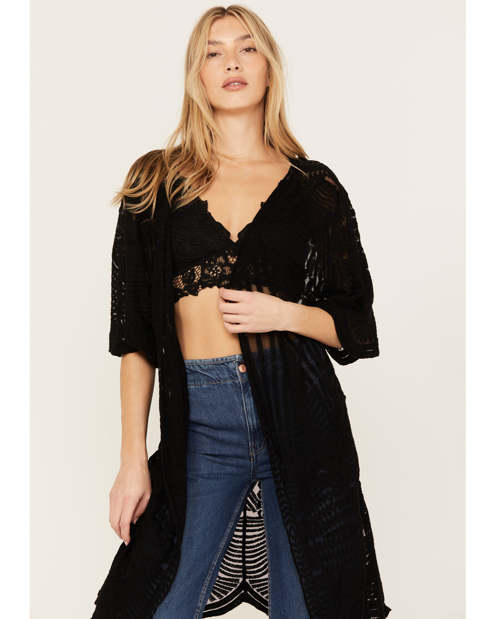 Image #2 - Shyanne Women's Geo Print Lace Short Sleeve Kimono, Black, hi-res