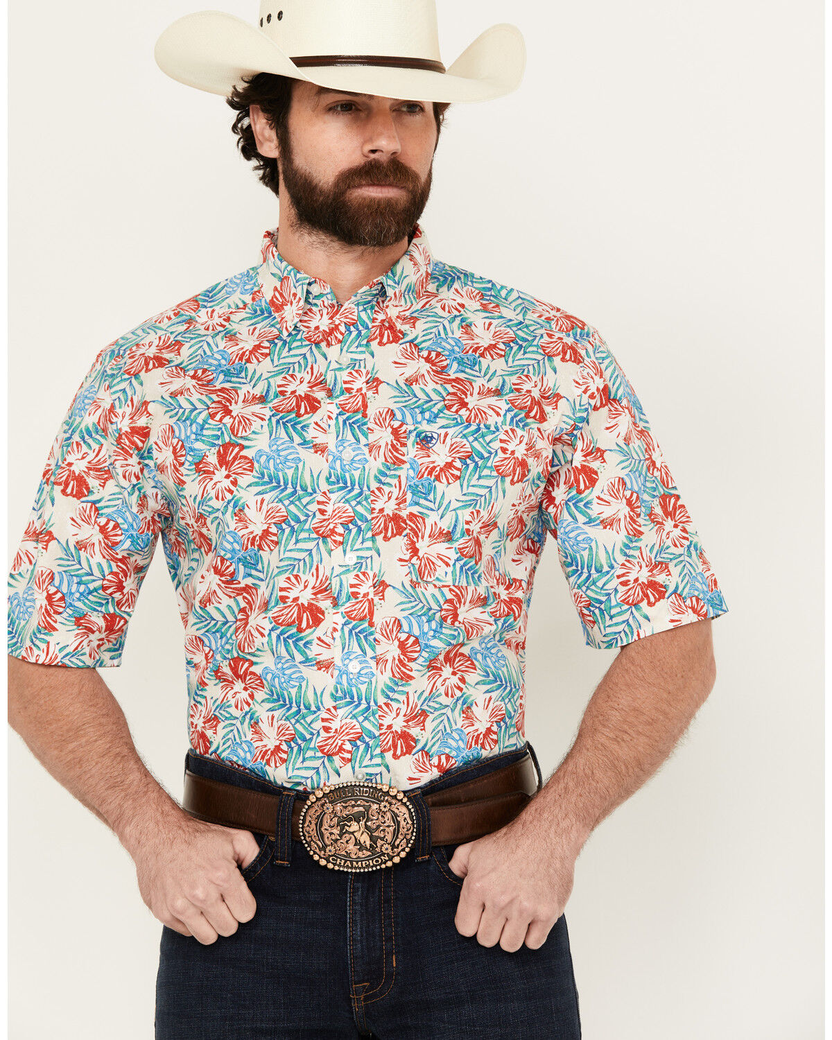 Image #1 - Ariat Men's Dillan Hawaiian Floral Print Short Sleeve Button-Down Western Shirt, Red, hi-res