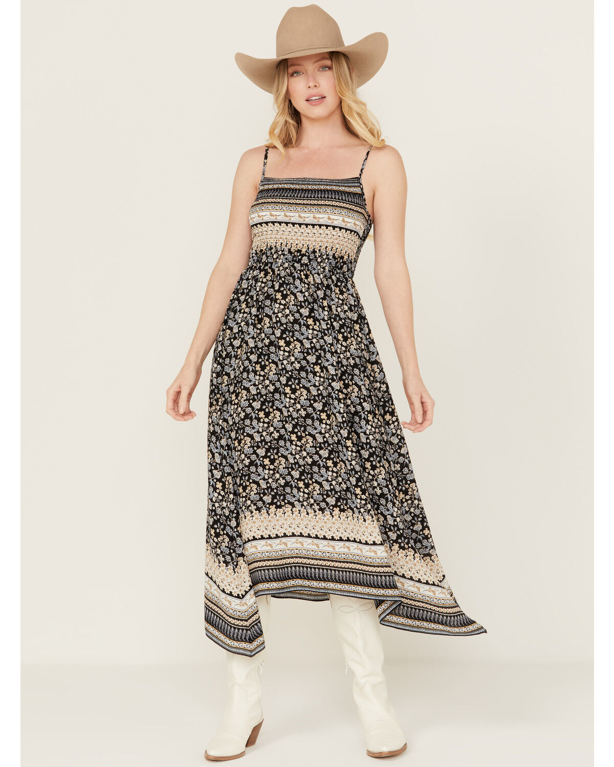 Image #1 - Wild Moss Women's Border Print Smocked Front Midi Dress, Blue, hi-res
