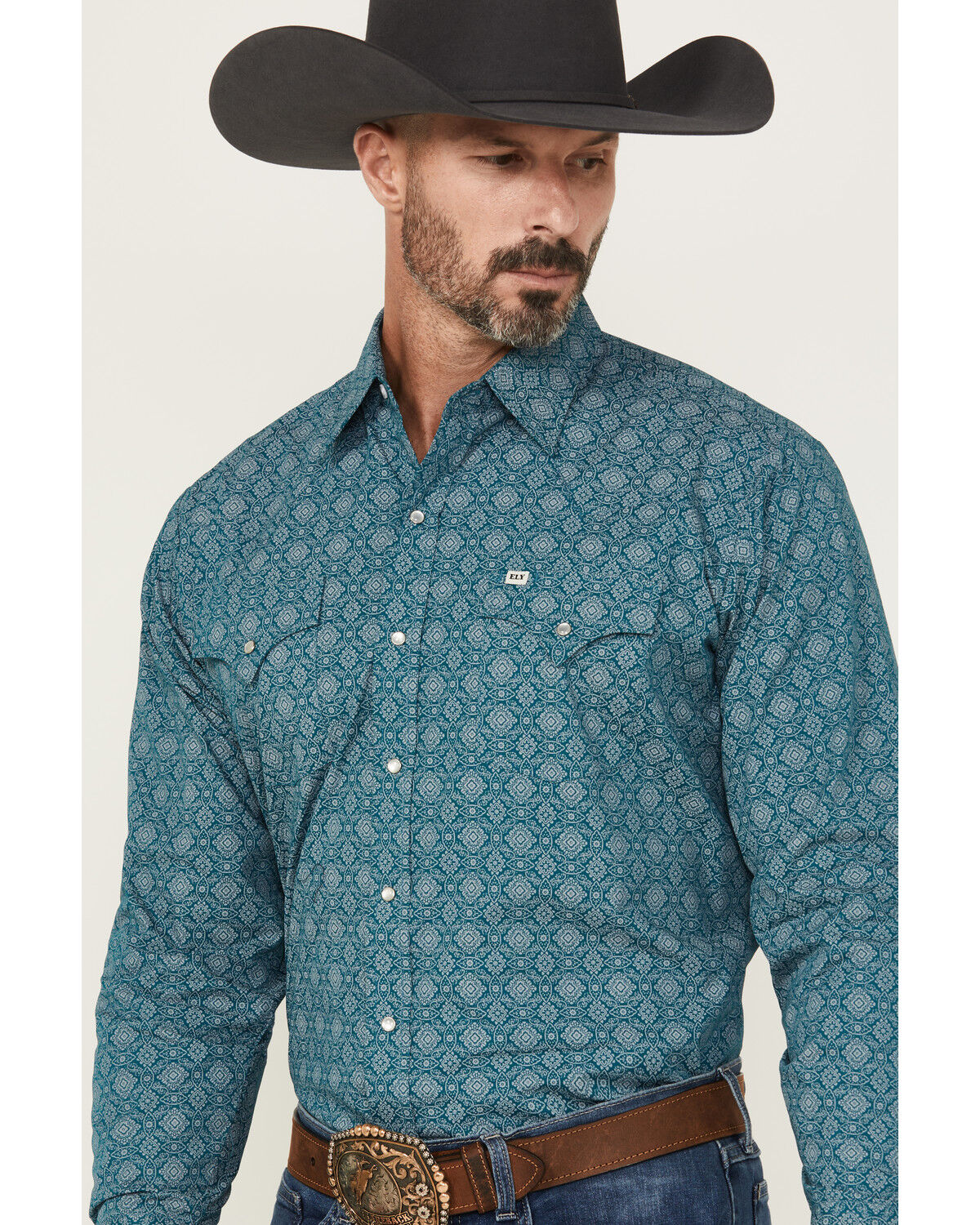 Image #2 - Ely Walker Men's Medallion Print Long Sleeve Pearl Snap Western Shirt, Teal, hi-res