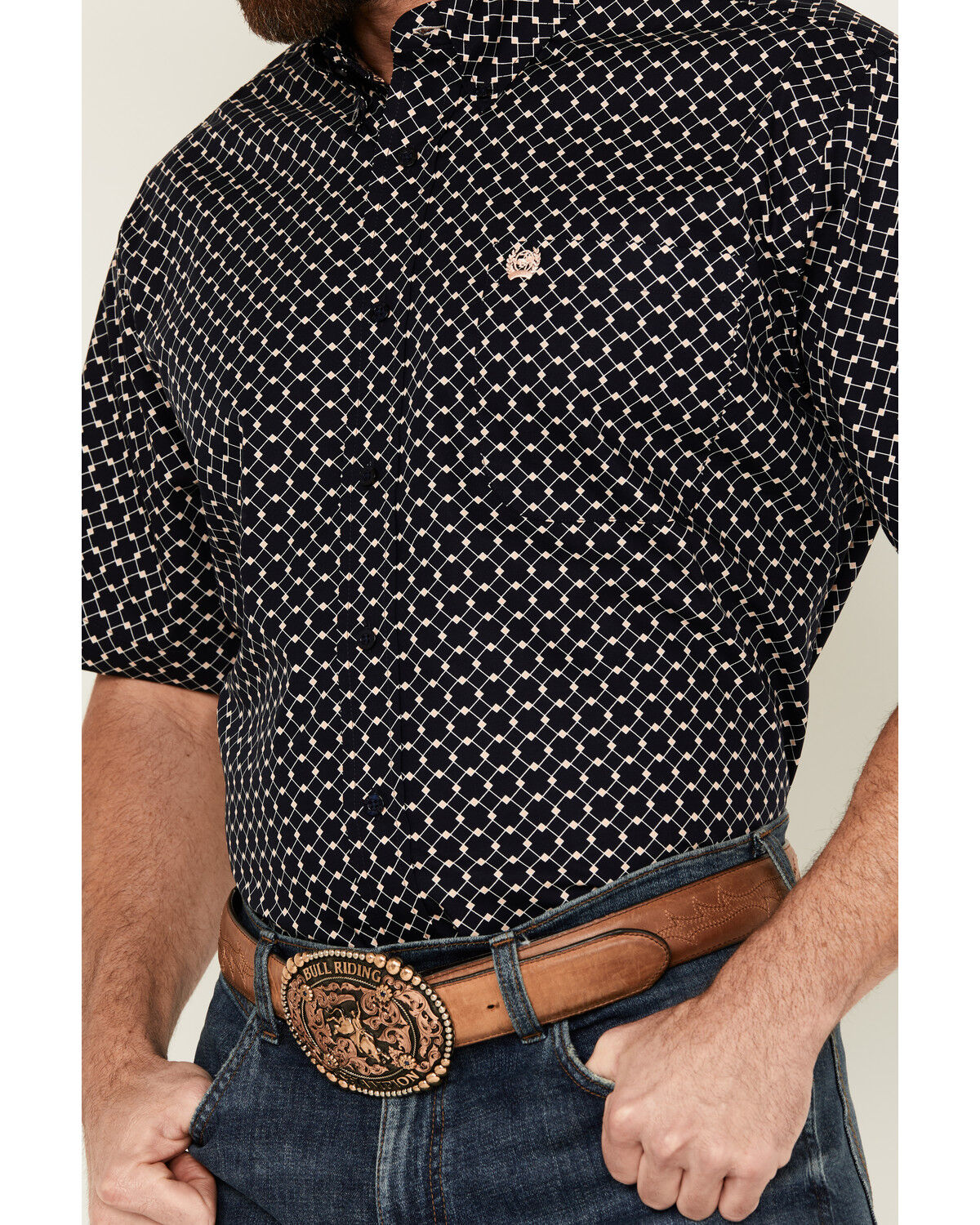 Image #3 - Cinch Men's Boot Barn Exclusive Geo Print Short Sleeve Button-Down Western Shirt, Navy, hi-res