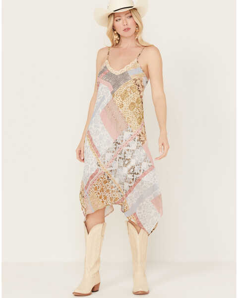 Image #1 - Wild Moss Women's Patchwork Print Smocked High-Low Dress, Ivory, hi-res