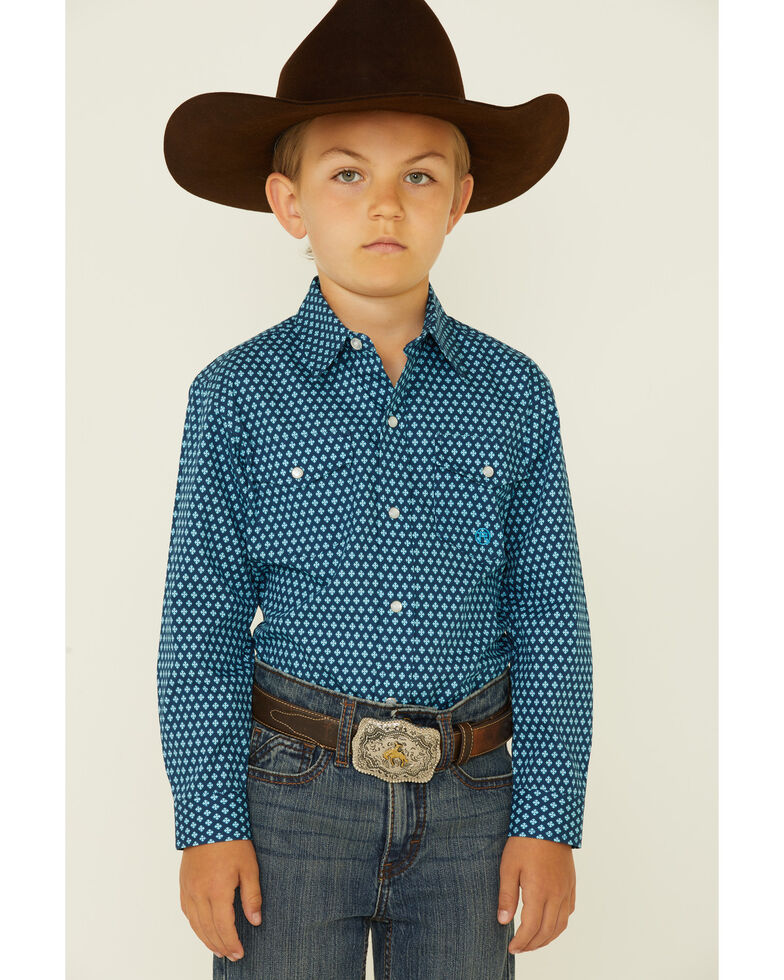 Roper Boys' Diamond Fluer Foulard Geo Print Long Sleeve Snap Western Shirt , Blue, hi-res