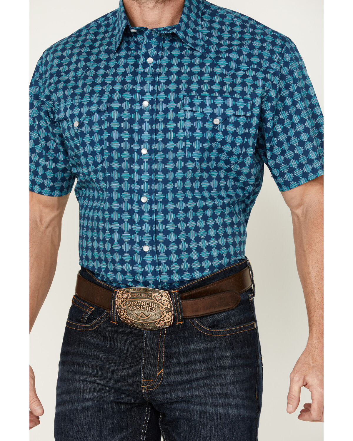 Image #3 - Roper Men's West Made Printed Short Sleeve Pearl Snap Western Shirt, Turquoise, hi-res