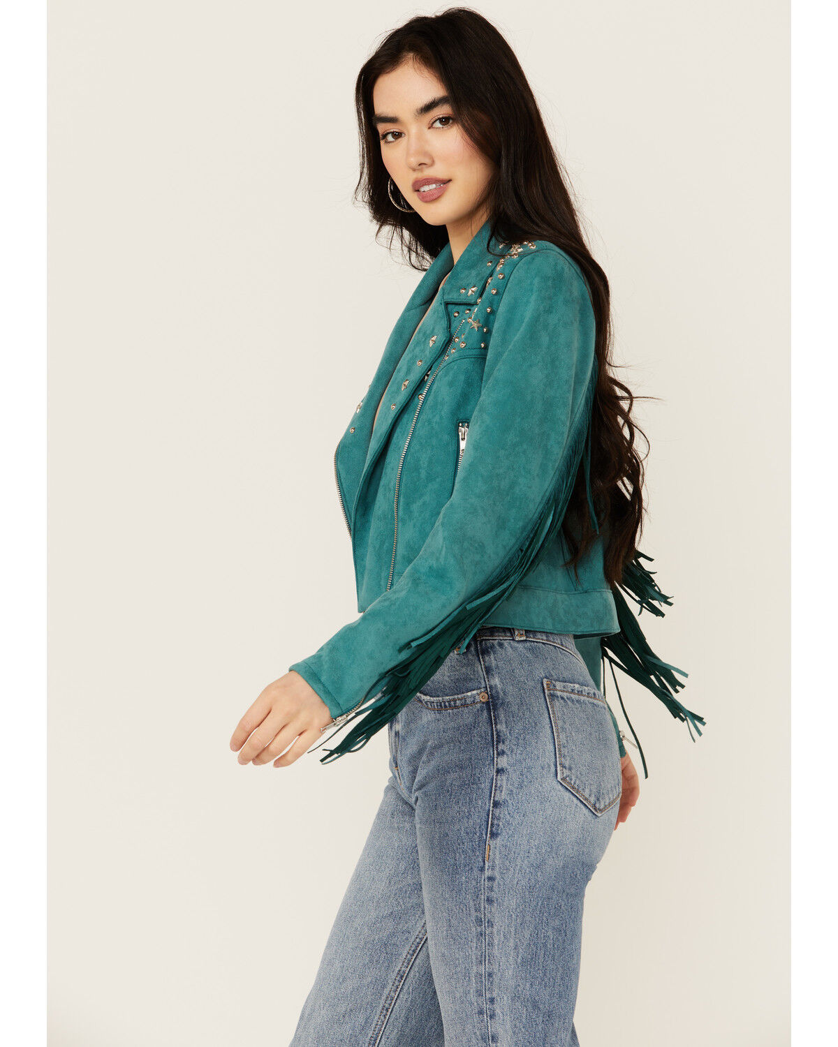 Image #2 - Rock & Roll Denim Women's Faux Suede Moto Fringe Jacket, Teal, hi-res