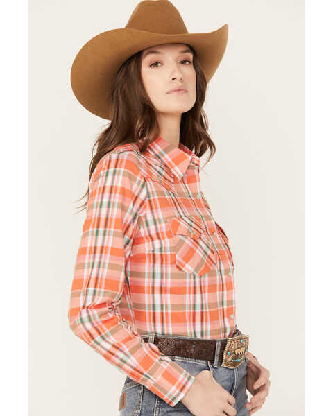 Image #2 - Wrangler Women's Plaid Print Long Sleeve Western Pearl Snap Shirt, Orange, hi-res