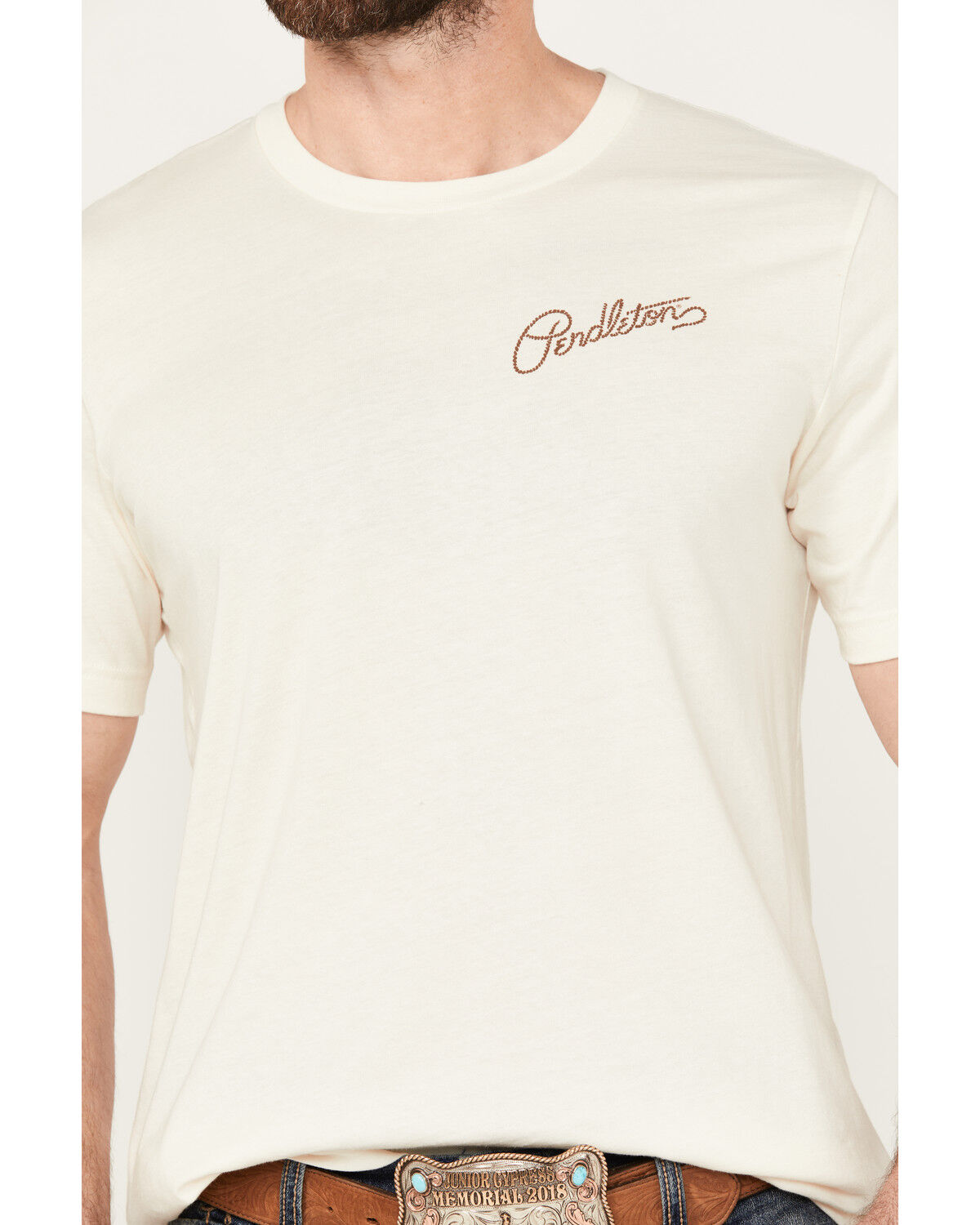 Image #3 - Pendleton Men's Boot Barn Exclusive Rancher Short Sleeve Graphic T-Shirt, Sand, hi-res