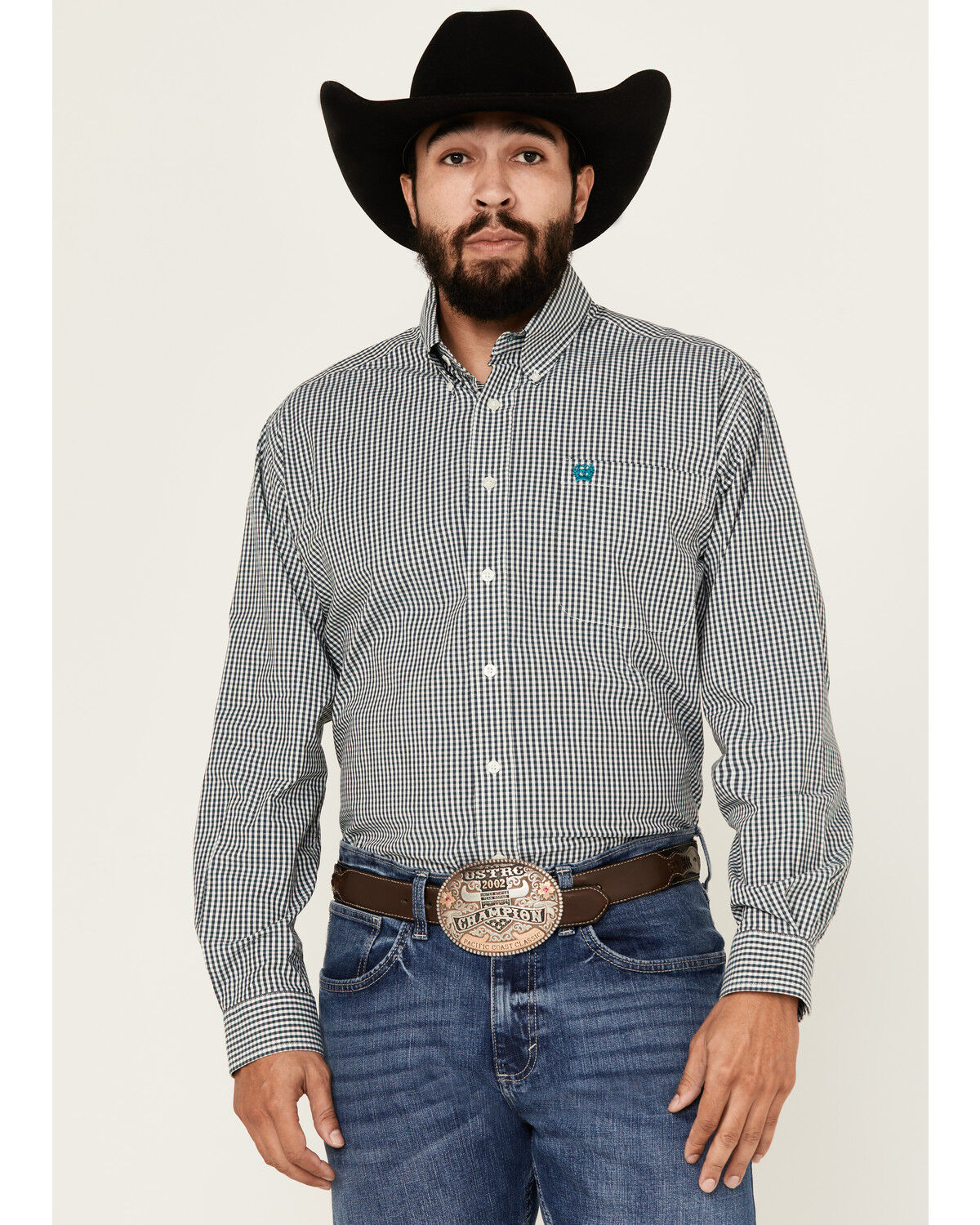 Image #1 - Cinch Men's Checkered Print Long Sleeve Button-Down Stretch Western Shirt, Teal, hi-res
