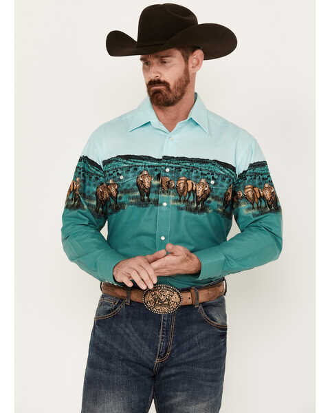 Panhandle Men's Buffalo Border Print Long Sleeve Pearl Snap Western Shirt, Seafoam, hi-res