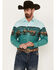 Image #1 - Panhandle Men's Buffalo Border Print Long Sleeve Pearl Snap Western Shirt, Seafoam, hi-res