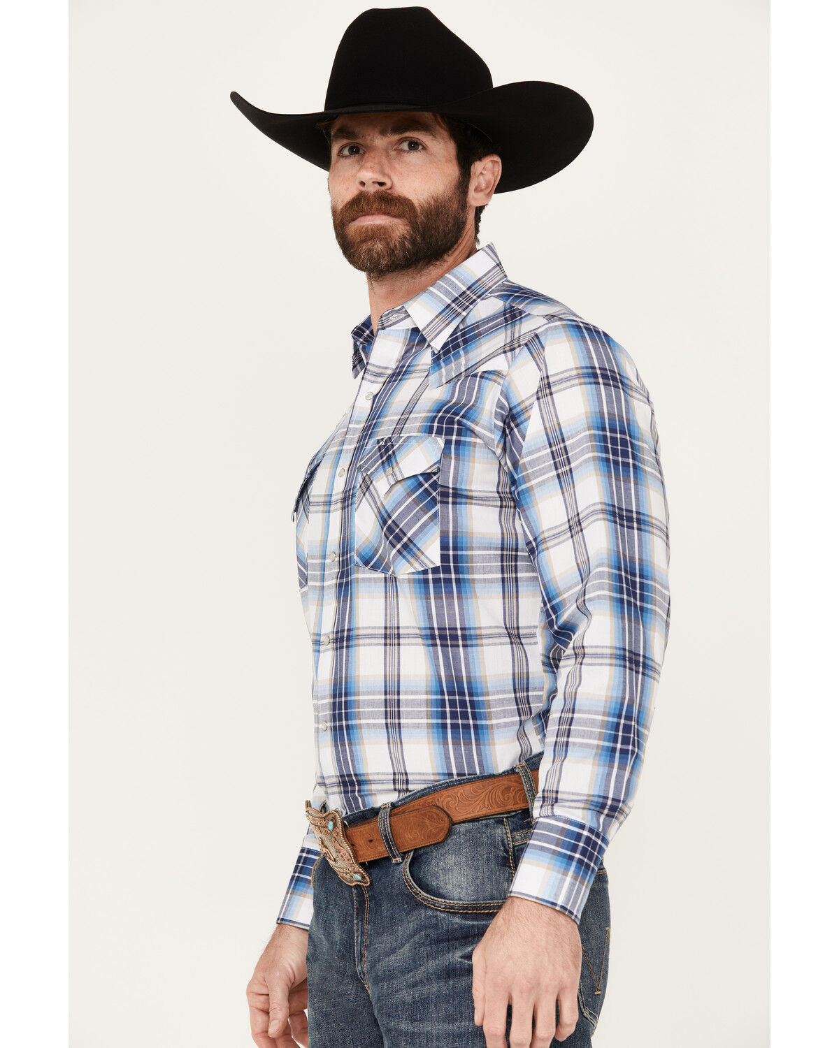 Image #2 - Ely Walker Men's Plaid Print Long Sleeve Pearl Snap Western Shirt, White, hi-res