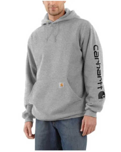 Image #1 - Carhartt Men's Loose Fit Midweight Logo Sleeve Graphic Hooded Sweatshirt - Tall, Heather Grey, hi-res