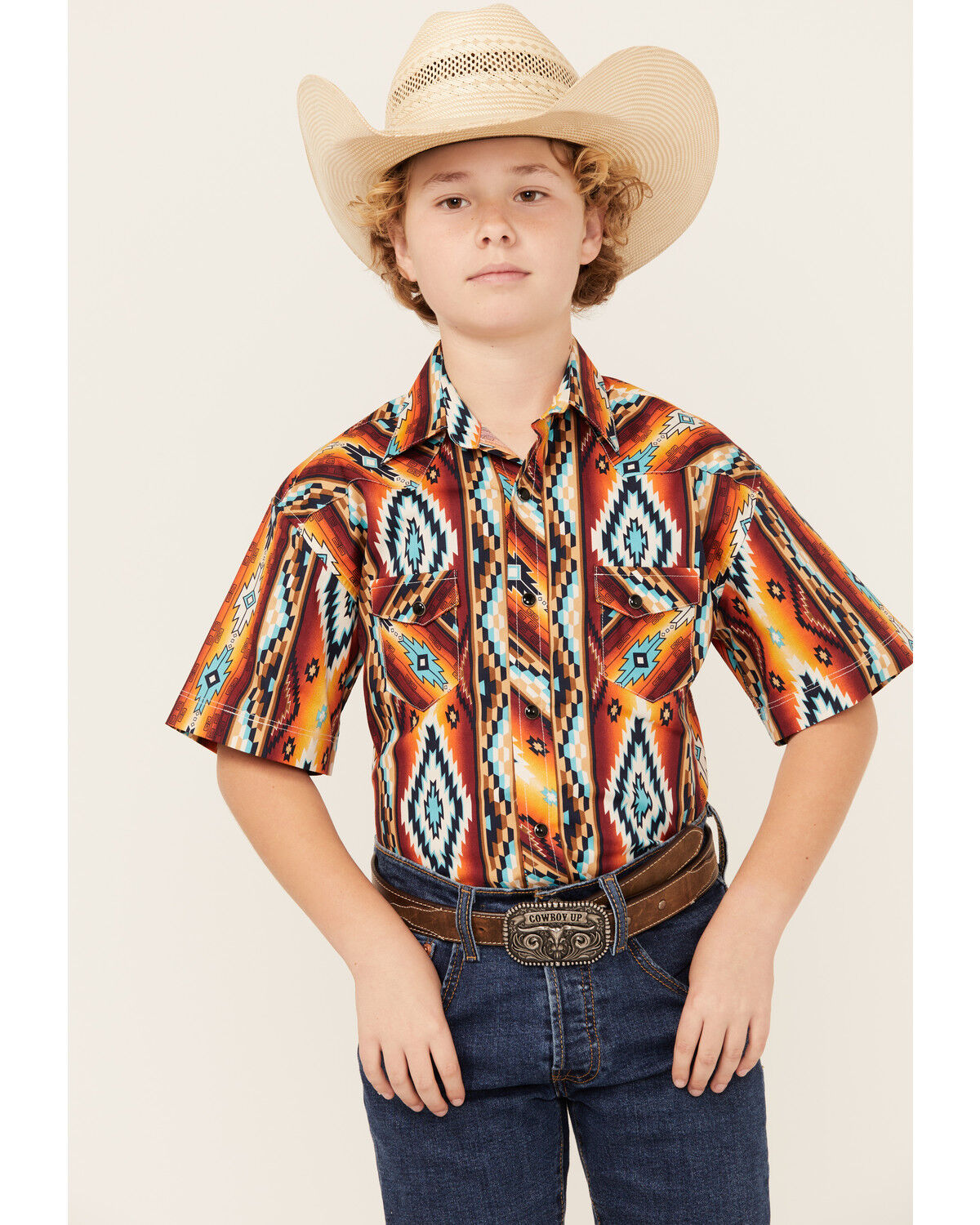 Image #1 - Rock & Roll Denim Boys' Southwestern Print Short Sleeve Snap Stretch Western Shirt, Red, hi-res