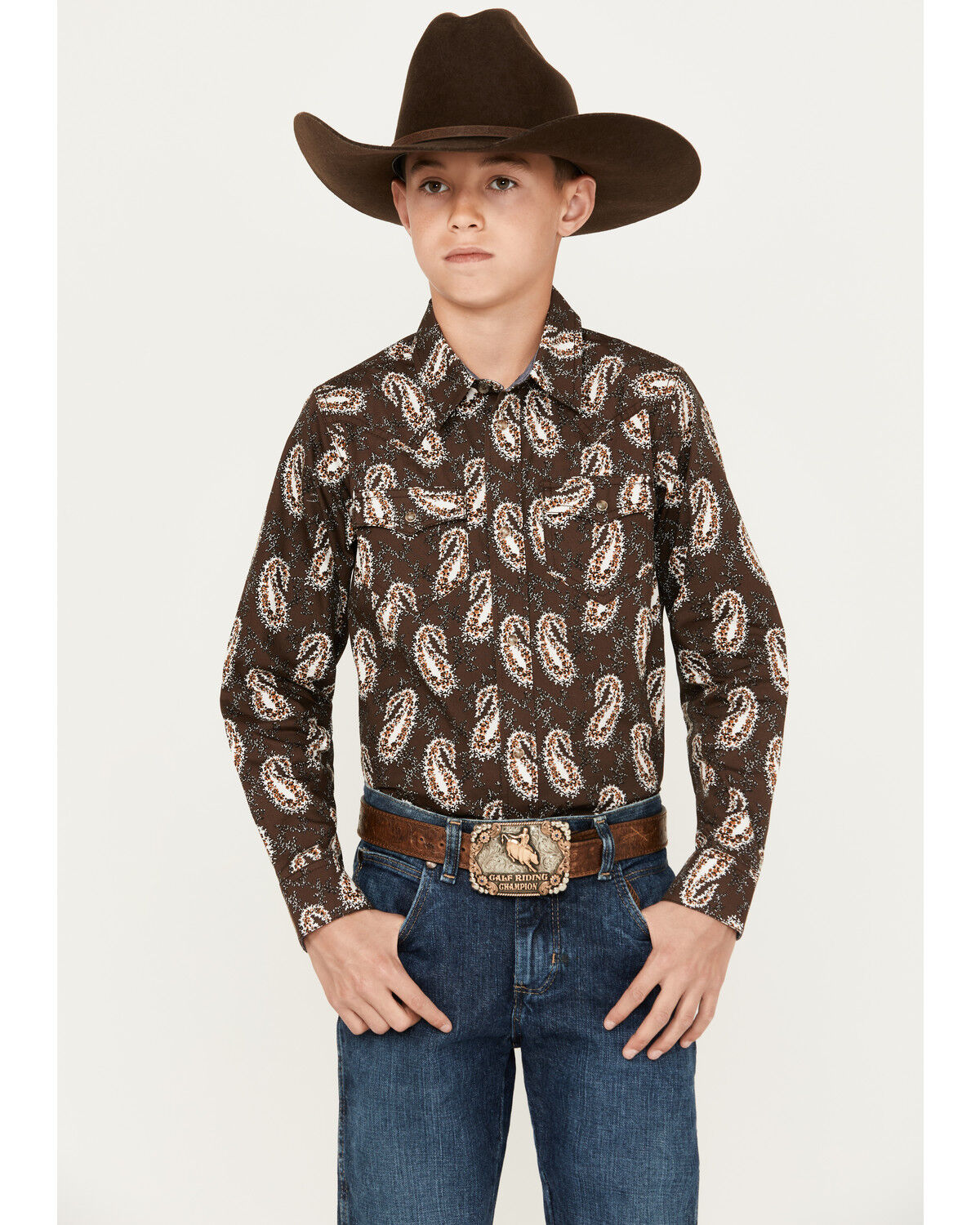 Image #1 - Cody James Boys' Flea Market Paisley Print Long Sleeve Snap Western Shirt, Brown, hi-res