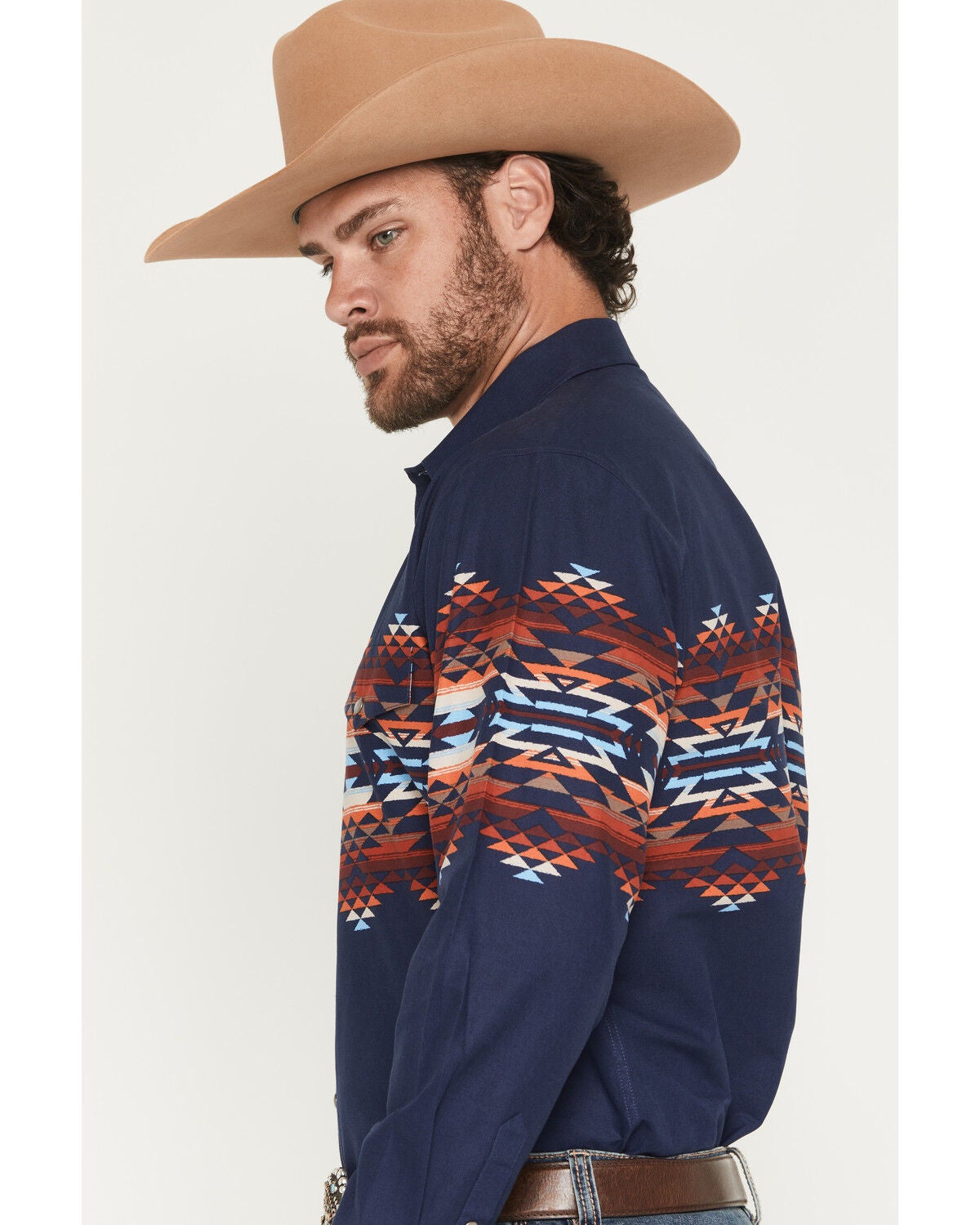 Image #2 - Panhandle Slim Men's Southwestern Border Print Long Sleeve Pearl Snap Western Shirt, Navy, hi-res