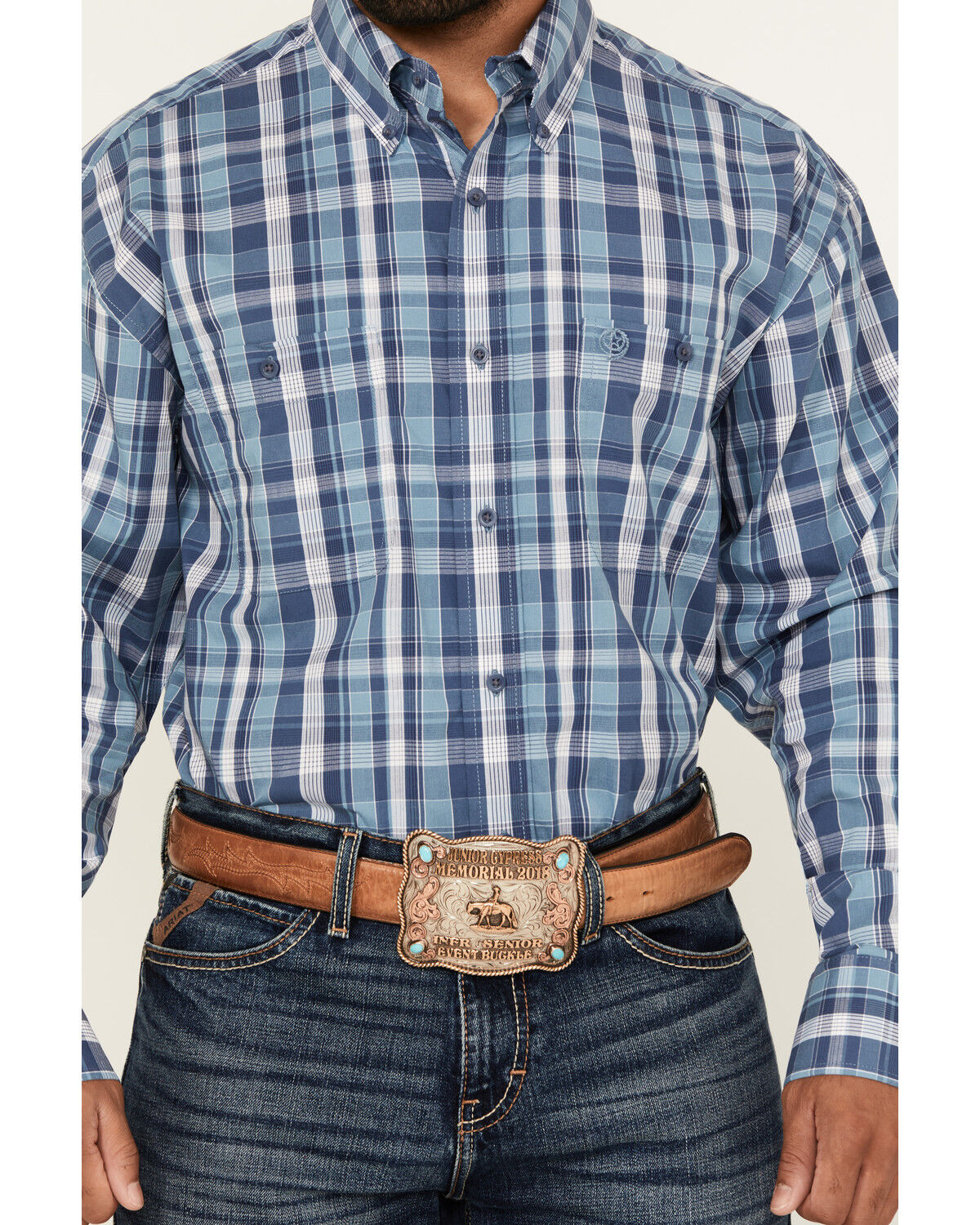 Image #3 - George Strait by Wrangler Men's Plaid Print Long Sleeve Stretch Western Shirt - Big, Navy, hi-res