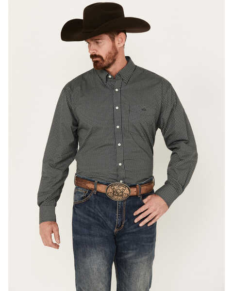 Resistol Men's Troy Geo Print Long Sleeve Button-Down Western Shirt, Navy, hi-res